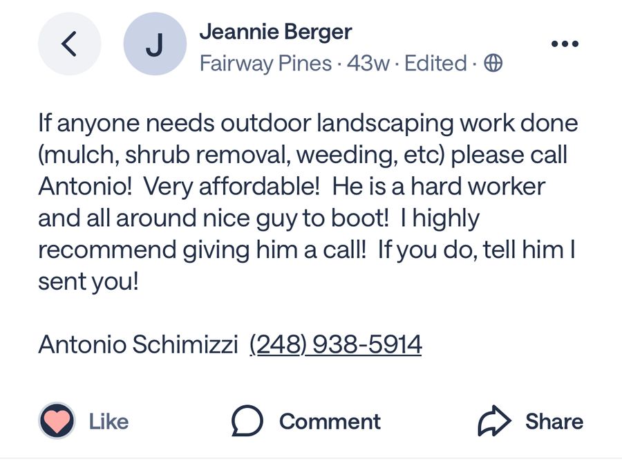 Screenshot of homeowner recommendation from Jeannie Berger