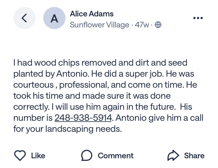 Screenshot of homeowner recommendation from Alice Adams