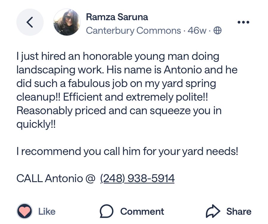 Screenshot of homeowner recommendation from Ramza Saruna